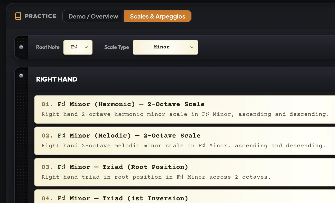 Scales and Arpeggios Exercise List and Key Selection in Accodrive